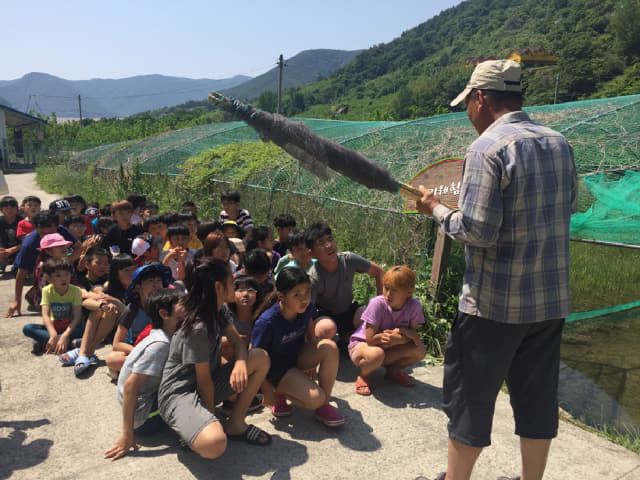 김해 생림초등학교 학생들이 지난 24일 밀양 평리녹색체험마을에서 식생활 체험을 하고 있다./생림초/
