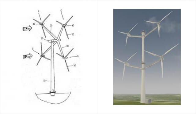 두산중공업이 개발한 ‘멀티형 풍력발전 장치’ 개념도(왼쪽)와 테스트 모델./두산중/