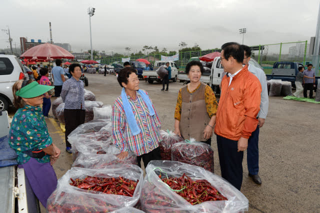 지난해 8월, 창녕읍 오리정운동장에서 임시 고추·마늘시장이 열리고 있는 모습