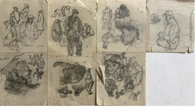 1953년 1월 7일부터 19일 사이에 그려진 포로수용소 연필 스케치. 배급식량의 종이 라벨을 재활용해 그린 것으로, 같은 날짜끼리 배열되어 있다.