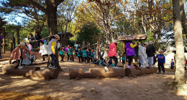 거제시가 거제면 서상리 거제근린공원에 조성한 유아숲 체험원에 방문한 어린이들이 다양한 놀이시설을 즐기고 있다./거제시/