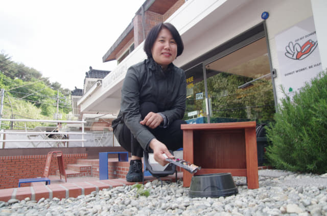 최인숙 창원길고양이보호협회 활동가가 창원대 앞 카페에 설치된 길고양이 급식소에 사료를 주고 있다.