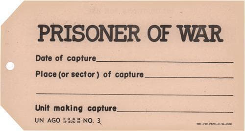 포로등록증. 포로가 포획된 날짜·위치 등을 기록하는 카드 형태의 등록증으로 포로의 목에 걸어 신원을 파악하는 용도로 사용했다.