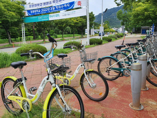 지난 10일 오전 창원대학교 입구에 누비자 자전거들이 세워져 있다./김재경 기자/