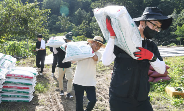 의령군 궁류면 입사마을을 찾은 경남신문 기자들이 양파 파종 후 덮을 상토를 나르고 있다.