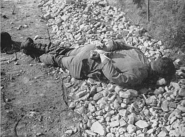 왜관 자고산 고지(303 고지)에서 북한군에 포로가 됐다 손이 묶인채 학살당한 미군./다부동전적기념관/