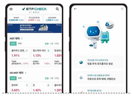 ETF CHECK 앱(왼쪽)과 핀트 앱 화면.
