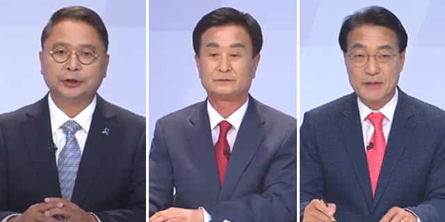 황인성(왼쪽부터), 박동식, 차상돈 후보가 토론을 하고 있다./TV토론회 캡처/