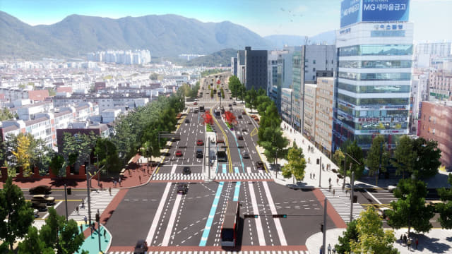 창원 원이대로 S-BRT 구축사업 개념도. 창원 한국은행 사거리 구간에 S-BRT를 구축했을 경우의 모습이다. 24시간 운영하는 버스 전용차로가 중앙에 설치된다./창원시/