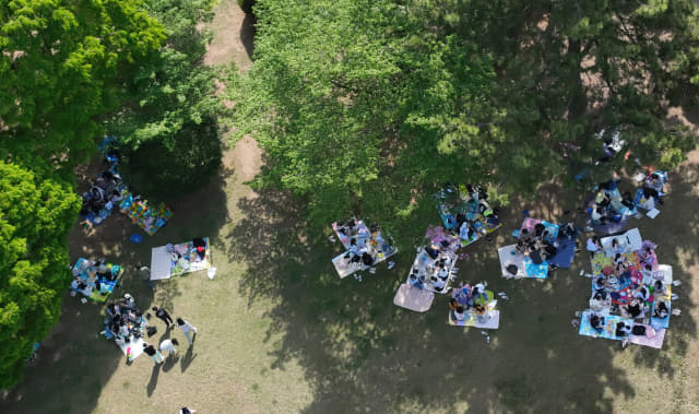 20일 창원시 성산구 용지문화공원으로 현장체험교육을 온 학생들이 나무 그늘아래 앉아 있다./김승권 기자/