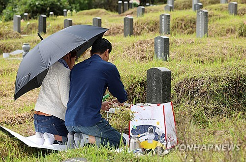 추석 연휴를 일주일 앞둔 지난 21일 광주 북구 망월공원묘지에서 한 가족이 성묘하고 있다. [연합뉴스 자료 사진]